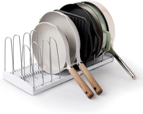 YouCopia StoreMore Expandable Cookware Rack with Tall Steel Wires, 12.5"-21.5" Wide Adjustable Pan Organizer for Kitchen Cabinet Storage, Premium Edition