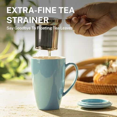 Sweese 15oz Porcelain Tea Mug with Infuser and Lid – Microwave Safe, Ergonomic Handle, Lead-Free Glaze, for Loose Leaf Tea