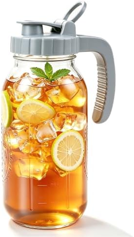 Mason Jar Pitcher 64 OZ Wide Mouth Glass Water Jug With Pour Spout Lids