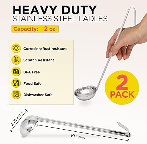 Fit Meal Prep [2 Pack] 2 oz Stainless Steel Soup Ladle, One-Piece Sauce Spatula with Hook Handles, Commercial Grade Serving Spoon, Kitchen Tool for Restaurant or Home Cooking, Mirror Finish, 12" Long