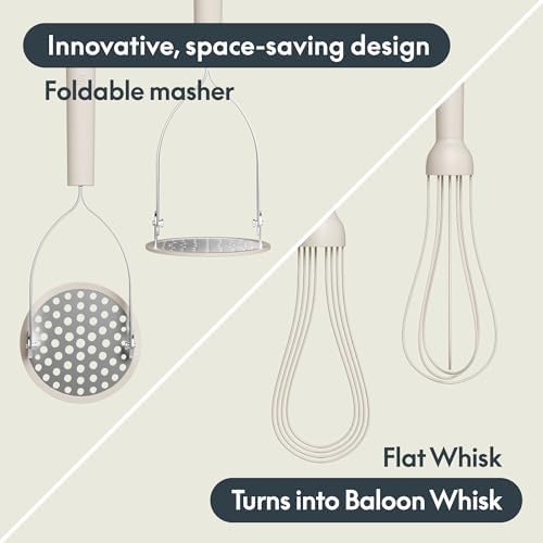 bella 2 Piece Fold Flat, Non-toxic Nonslip Masher and Whisk, Oatmilk