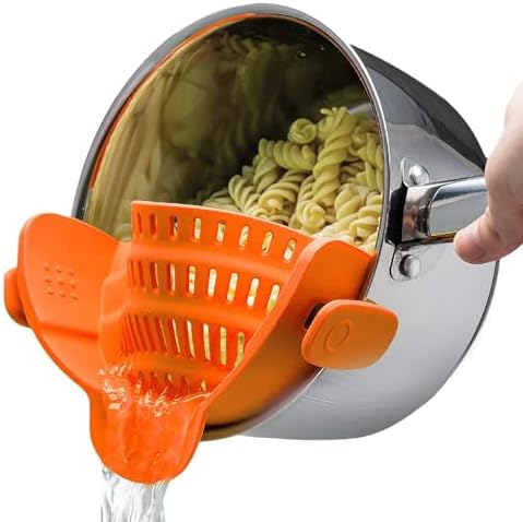 Kitchen Gizmo Snap N Strain Clip On Strainer for Pots and Pans - Adjustable Silicone Colander for Kitchen - Compact Clip-On Food Strainer for Draining Pasta and Vegetables - Orange