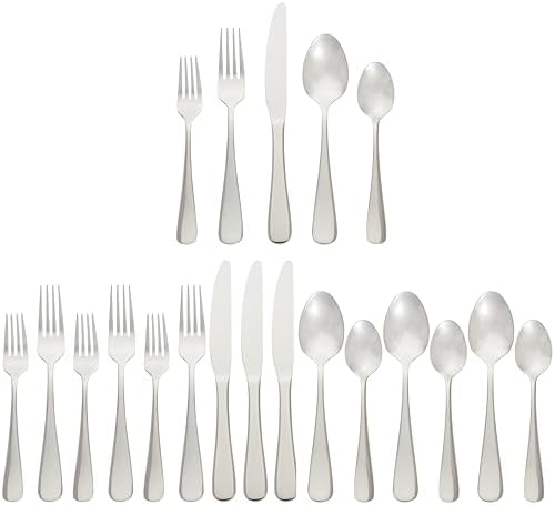 Amazon Basics Silverware Set, Stainless Steel Flatware, Dishwasher Safe, Service for 4, 20-Piece Forks and Spoons, Round Edge, Everyday Use