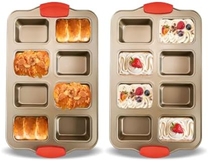 2 Pack Mini Loaf Pans, 8 Cavity Loaf Baking Pans With Silicone Handle, Gold