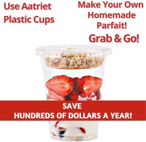 Aatriet [150 SETS 12 oz Clear Plastic Parfait Cups with Insert 3.25oz & Flat Lids No Hole, Yogurt Fruit Parfait Cups for Kids, for Dips and Veggies, Take Away Breakfast and Snacks. No Leaking