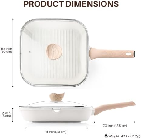 Kordisen Nonstick Grilling Pan with Lid for Stove Tops, 11 Inch Square Grill Pan for Indoor Cooking, Healthy Coating Grill Skillet with Pour Spouts, Versatile Griddle, Induction Steak Pan, White