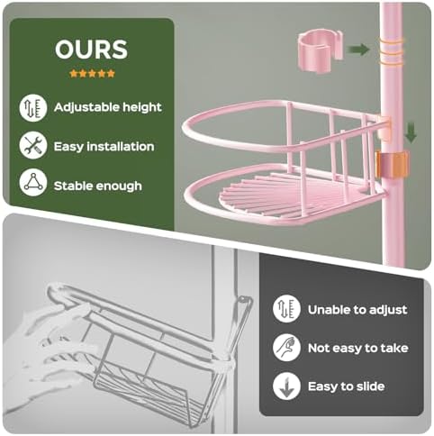 HAMITOR Corner Shower Caddy Tension Pole: 4-Tier Bathroom Organizer Pink