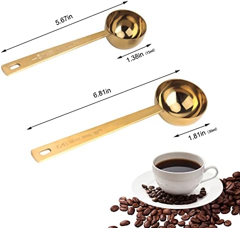 Coffee Scoop Set, Gold Stainless Steel Measuring Spoons, 15ml & 30ml Scoops (1 Tbsp & 2 Tbsp), Long Handle Measure Spoon for Coffee, Milk Powder, Fruit Powder, 2 Pack