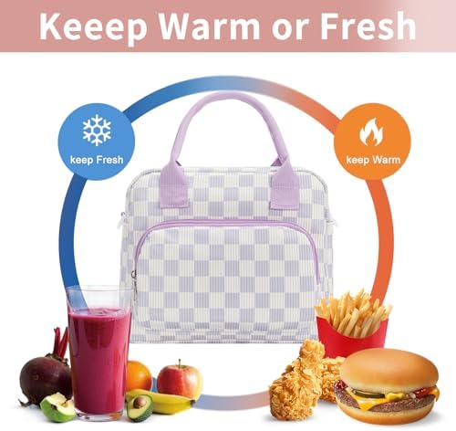 Lunch Bag Women Lunch Box for Women Adult Cute Insulated Lunch Bag Lager Cooler Lunch Tote Bags for Work Picnic (Beige-Purple Plaid)
