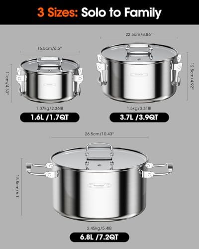 Stainless Steel Pot Set, 6-Piece Stackable Stock Pots with Glass Lids
