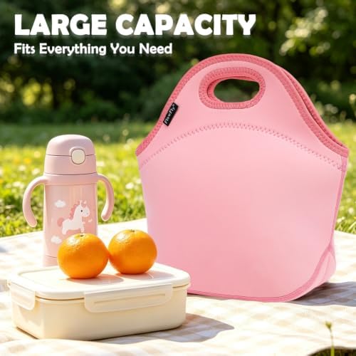 FlowFly Neoprene Kids Lunch box Insulated Soft Bag Mini Cooler Thermal Meal Tote Kit for Boys, Girls,Men,Women,School,Work, Office, Pink