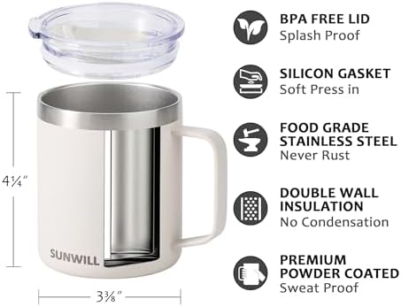 SUNWILL Travel Coffee Mug with Lid, Insulated Tumbler with Handle, 14 oz Stainless Steel Cup for Home, Office, Camping, Powder Coated Cream