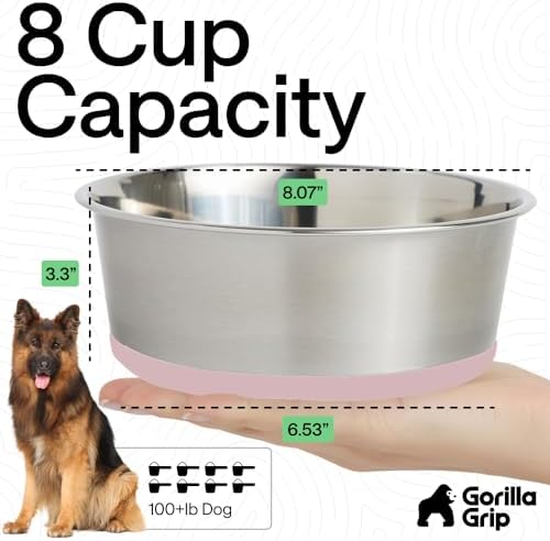 GORILLA GRIP Dog Bowls, Food Grade Stainless Steel, Set of 2, 8 Cup, Pink