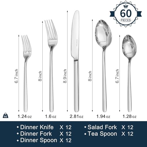 KINGSTONE Silverware Set for 12, 60 Piece 18/10 Stainless Steel Flatware Utensils Cutlery Set, Mirror Polished, Dishwasher Safe, Knife Fork Spoon for Home Restaurant Wedding Housewarming