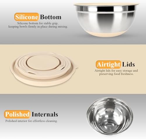 Mixing Bowls with Airtight Lids Set, Non-Slip Silicone Bottoms, Khaki