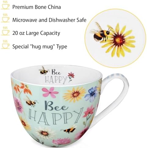 20 oz Bees & Flowers Coffee Hug Mug,“Be Happy” Designed to Spread Joy, Premium Bone China, Best Gifts for Mom Women Mothers Day, Designed in England by Harvest Green Studio