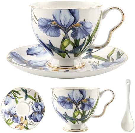 Bone China Tea Cup and Saucer Set with Spoon, 7 oz Blue Iris Gold Trim