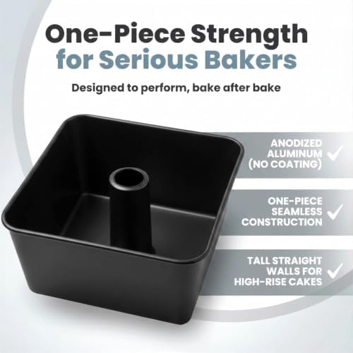 One-Piece Square Tube Cake Pan, 18 Cup, Anodized Aluminum, 9 x 9 x 4.5 in, Seamless Design, Easy Release, Even Heat, for Angel Food, Chiffon, Sponge, Mile High & Pound Cakes (Black)