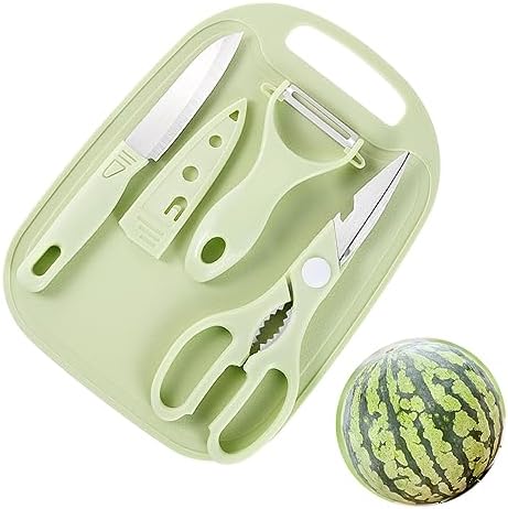Picnic Prep Set, Cutting Board Kit with Scissors, Knife and Peeler (Green)