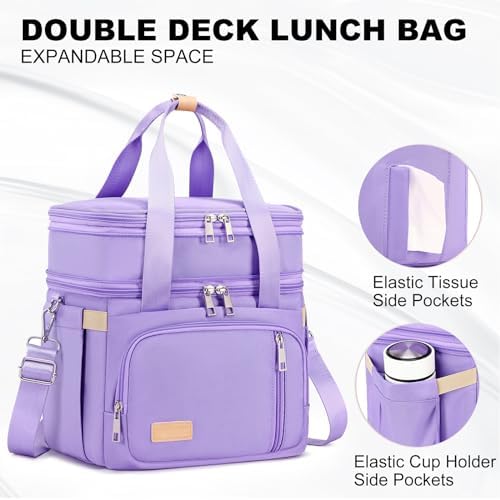 MAPLELILY Lunch Box for Men Women - Double Deck Insulated Lunch Bag, Large Leak Proof Tote Cooler, Wide Open Dual Compartment Lunch Bags with Shoulder Strap, For Work Picnic Hiking Beach, Purple