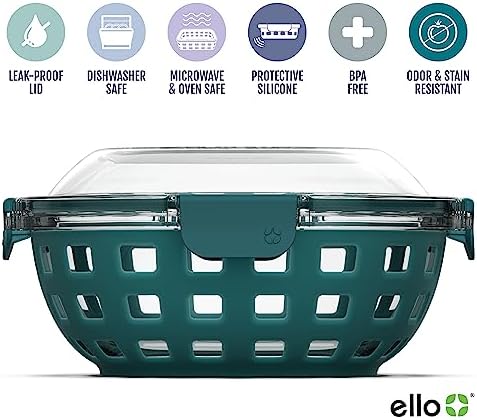 Ello DuraGlass Food Storage Glass Lunch Bowl Container - Meal Prep Container with Silicone Sleeve and Airtight Lid, 5 Cup, Teal