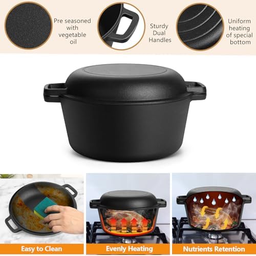 P&P CHEF 2 In 1 Black Dutch Oven Pot with Lid for Bread Baking, 5Qt