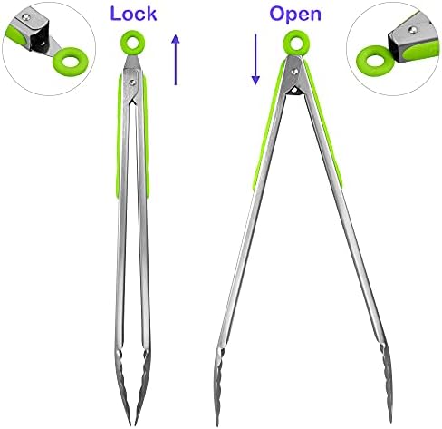 304 Stainless Steel Kitchen Cooking Tongs, 14 & 16 Inch, Set of 2, Green