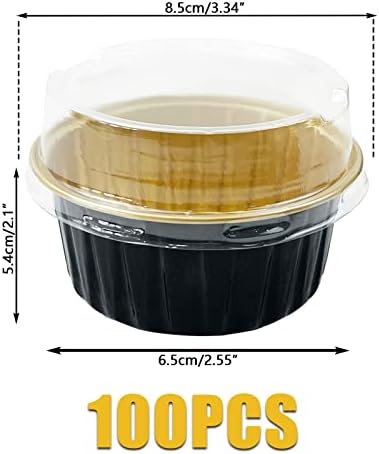 100Pcs Aluminum Cups with Lids,5oz Disposable Ramekin Baking Cups Muffin Liners Mini Pie Pans Foil Cupcake Containers for Christmas Party Wedding,Black Gold