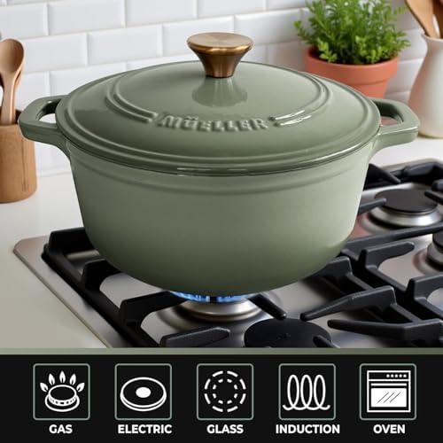 MUELLER HOME 7.5 Quart Enameled Cast Iron Dutch Oven For Sourdough Bread Baking, Heavy-Duty, Oven-Safe up to 500° F & Across All Cooktops, Casserole Dishes, Green Kitchen Accessories, Thyme Green