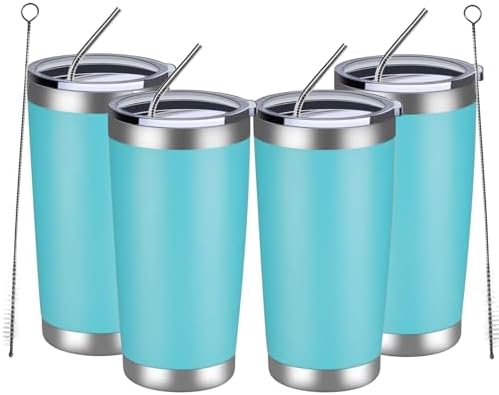 MEWAY 20oz Tumbler 4 Pack Double Wall Vacuum Insulated Travel Mug Bulk, Stainless Steel Tumblers with Lid and Straw, Durable Powder Coated Coffee Cups for Cold & Hot Drinks (Light Blue, 4)
