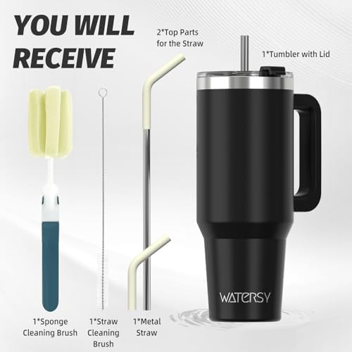 40 oz Tumbler with Handle,Tumbler with Lid and Straw,Double Wall Insulated Cup Stainless Steel Travel Mug(Cold for 34 Hours),Water Bottle for Iced Tea,Coffee,Cold Beverages(Black)