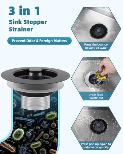 Universal 3 in 1 Kitchen Sink Drain Strainer Stopper Combo, Matte Black