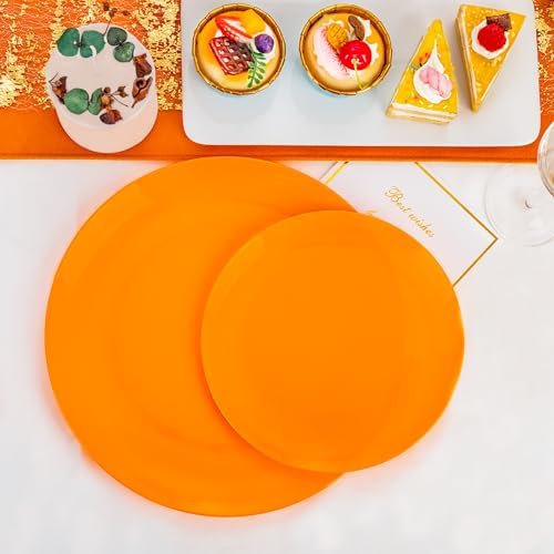 PULOTE 100PCS Orange Plastic Plates - Premium Hard Orange Disposable Include 50 Each(10.25 Inch Dinner & 7.5 Inch Dessert) Plates, Ideal for Party