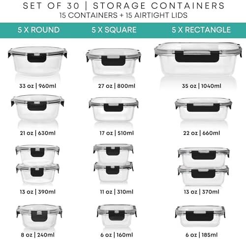 Razab 30 PC Glass Food Storage Containers with Lids - Reusable Glass Meal Prep Containers for Lunch and Leftovers - Airtight & Leakproof Snap Locking Lids - Oven, Freezer, Microwave, Dishwasher Safe