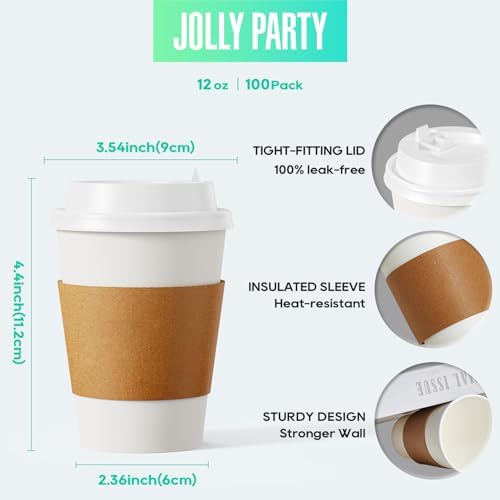 JOLLY PARTY 100 Pack 12 oz Disposable Paper Coffee Cups with Lids & Sleeves