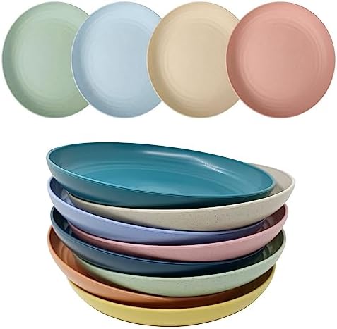 CAMBUY Wheat Straw Plates 8 Pack 8 Inch Reusable Large Dinner Plate Set