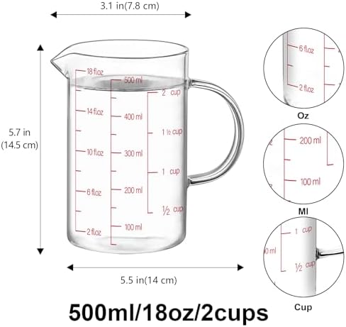 Luvan 18OZ/500ML Glass Measuring Cup, 2 Cup Glass Measuring Cups With 3 Scales (Ml/Oz/Cup), High Borosilicate Measuring Cup With Handle and V-Shaped Spout, Dishwasher/Freezer/Microwave Safe