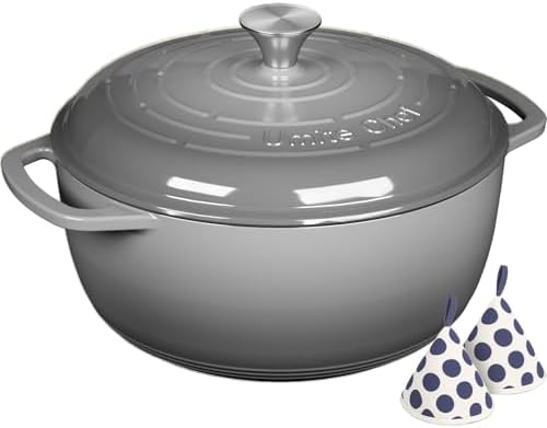 Enameled Cast Iron Dutch Oven - Umite Chef 6QT Pot with Lid & Cotton Potholders - Dual Handles -Versatile Heavy Duty Cookware for Bread Baking, Braising, Stews, Roasting(Grey）