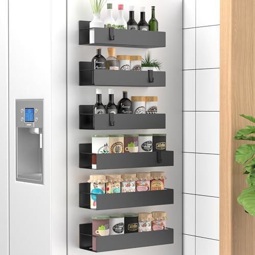 HuggieGems Metal Magnetic Spice Rack for Refrigerator Matt Black, 6 Pack