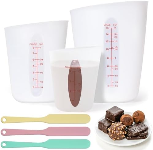 Food-Grade Silicone Chocolate Melting Cup Set with 3Pcs BPA Free Silicone Measuring Cups (1/2Cup/1Cup/2Cup) and 3Pcs Heat-Resistant Jar Spatulas, Non-Stick Baking Supplies for DIY Chocolate