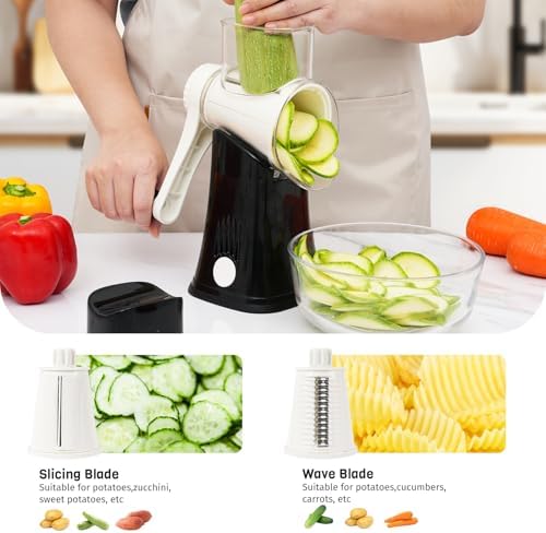 5-in-1 Rotary Cheese Grater Hand Crank, Vegetable Slicer Shredder with 5 Interchangeable Blades, Graters for Kitchen, Safe Kitchen Tool for Cheese, Nuts, Chocolate, Black