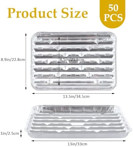 50 Pack Disposable Aluminum Broiler Pan 13 x 9 x 1 inch Disposable Grill Liner Pans, Foil Grill Tray for Outdoor BBQ
