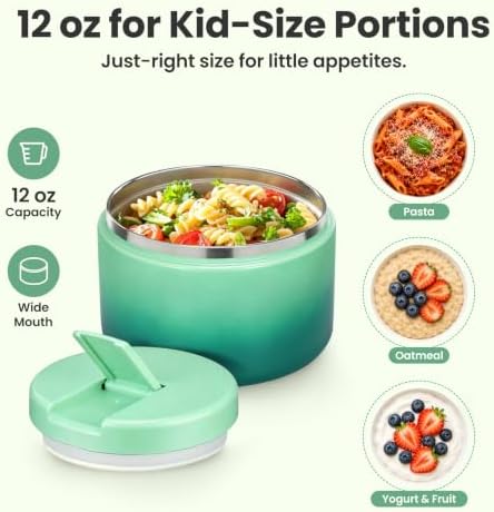 Pawtong 12oz Insulated Vacuum Food Jar with Buckle Lid Wide Mouth Soup Thermo for Hot Food Kids Leakproof Stainless Steel Lunch Container (Gradient Green, 12OZ)