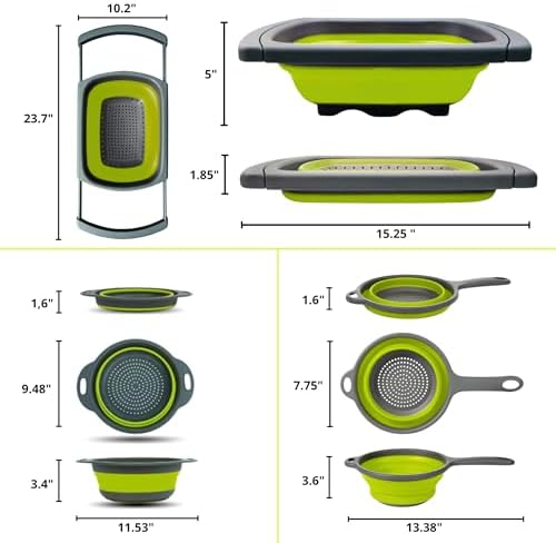 3PCS Green Foldable Kitchen Strainer Set – Silicone Colander Collapsible Strainers and Colanders Green Collander for Kitchen Collapsible Compact Drain Tools for Cooking Prep