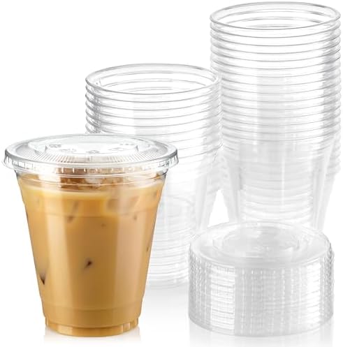 Fit Meal Prep 50 Pack 12 oz Clear Plastic Cups with Flat Lids, Disposable Iced Coffee Cups, BPA Free Premium Crystal Smoothie Cup for Party, Lemonade Stand, Cold Drinks, Juice, Milkshake