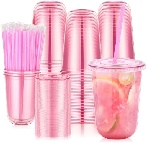 tchrules 100 Set 16oz Pink Plastic Disposable Cups with Lids and Straws