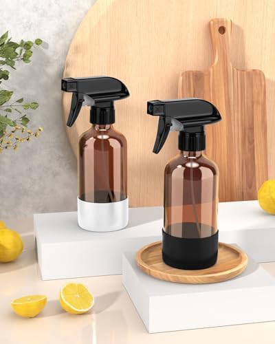 Bontip Glass Spray Bottle with Silicone Sleeve Protection, Amber Glass Spray Bottle Set for Window Cleaner Aromatherapy Facial Hydration Watering Flowers Hair Care 2 Pack/8 oz (Black & White)