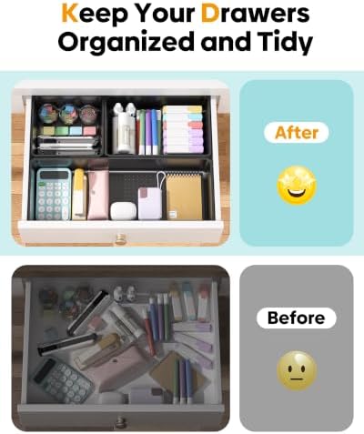 10 Pack Large Size Plastic Drawer Organizers Set, 3 Sizes Desk Drawer Organizer Trays, Storage Bins for Vanity, Makeup, Bathroom, Kitchen Utensils and Office (Black)