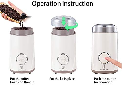 DR MILLS DM-7441W Coffee Grinder Electric, Coffee Bean and Dried Spice Grinder, One Touch Operation, Blade and Cup Made with SUS304 Stainless Steel (White)