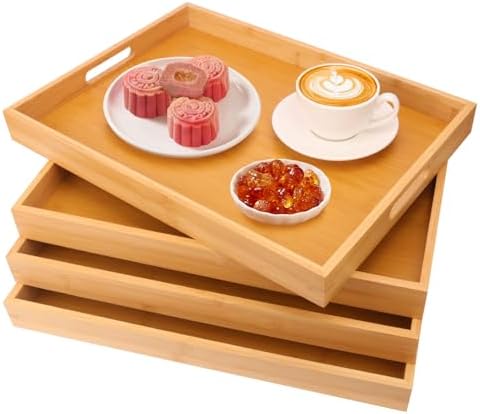 4 Pack Large Bamboo Serving Tray with Handles - 18 x 13 Inch Wooden Dinner Tray, Home Kitchen Decorative Tray, Breakfast Trays for Eating on Couch, Lap Trays, Coffee, Kitchen, Picnic
